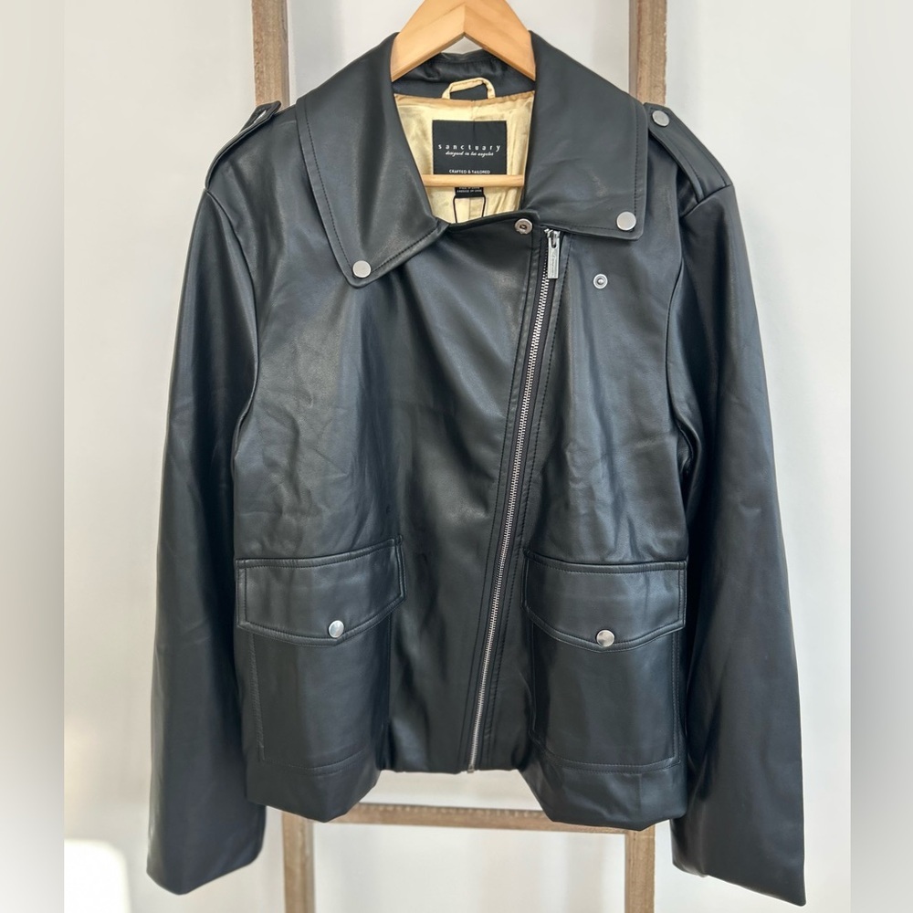 Sanctuary Ryder Black Faux Leather Bomber Moto Jacket Women’s Size XXL NWT